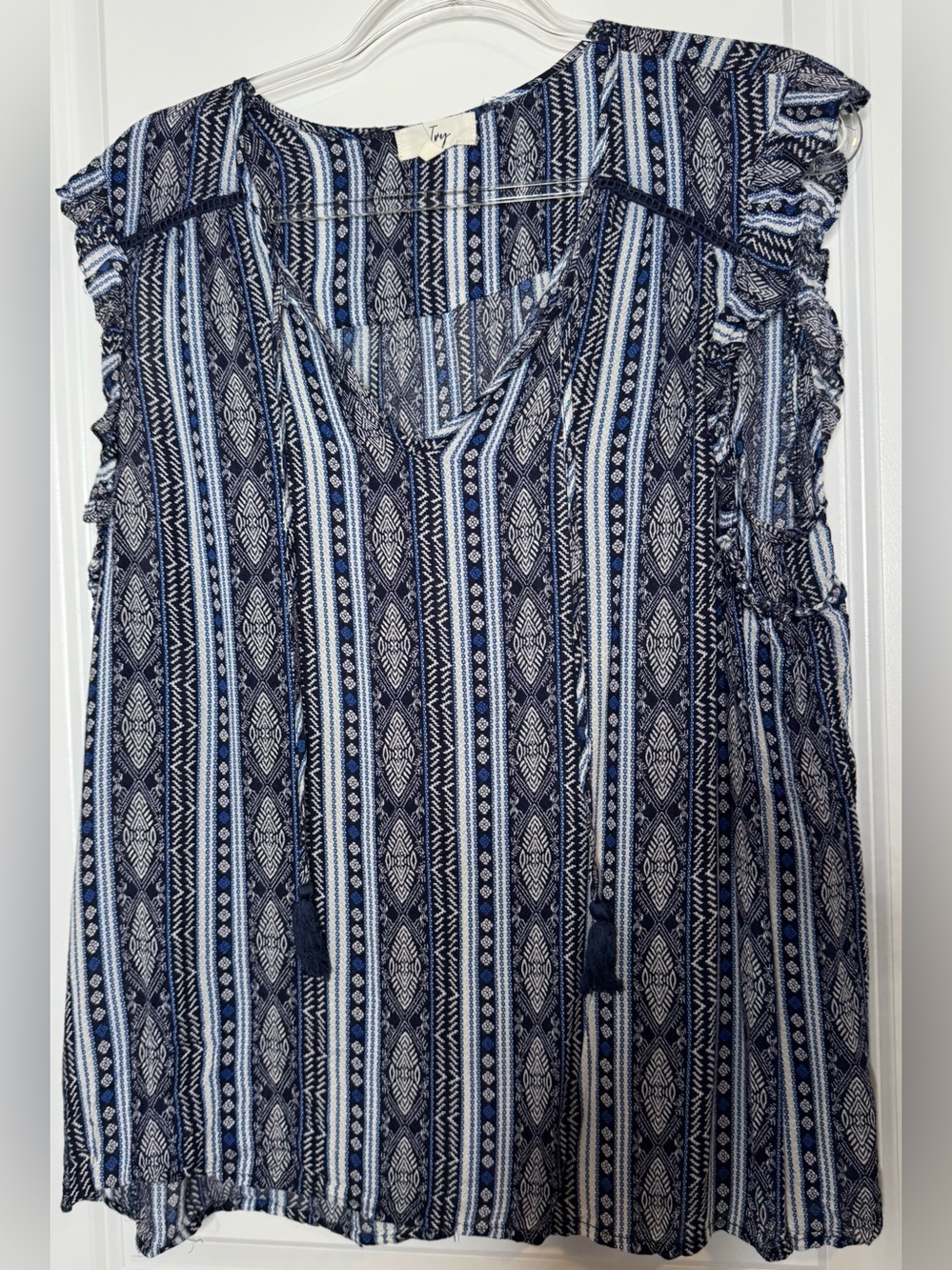 Ivy Tie-Neck Navy & Light Blue Patterned Ruffle-Sleeve Blouse xxl 2xl